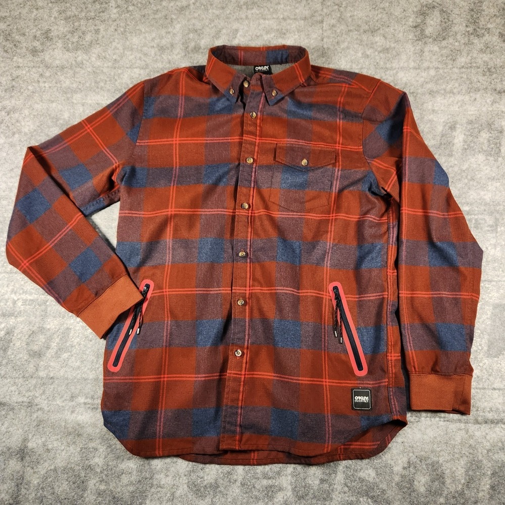 Oakley Flannel Shirt Mens Large Red Blue Plaid Button Down Long Sleeve Outdoors